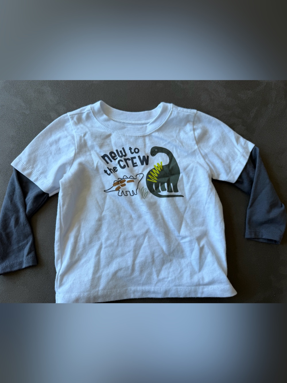 Garanimals White Tee with Dark Gray Sleeves and Dino Graphic